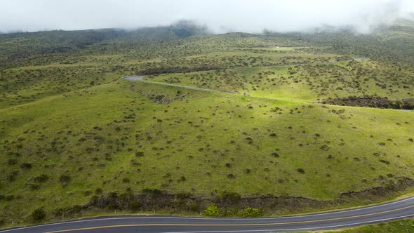 Road up Haleakala Volcano Mountain on Hawaii Island of Maui - Aerial