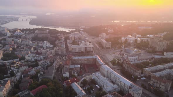 Kyiv Kiev Ukraine at Dawn in the Morning. Aerial View