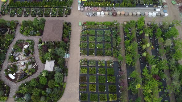 aerial view of garden shop. working people. potted plants