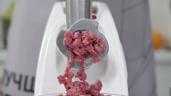 Filling Comes Out Through Raw Meat Grinder Sieve. Grinder Close Up. Pile of Chopped Meat. Electric