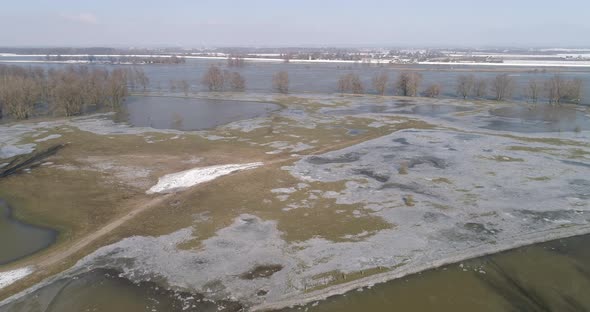 Aerial view of ice and snow on flood plains, river Waal, Gelderland, Netherlands.