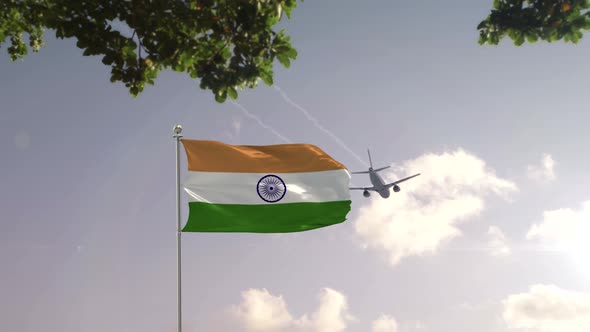 India Flag With Airplane And City -3D rendering