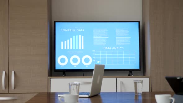 Close Up of Empty Business Meeting Room with Big Screen TV