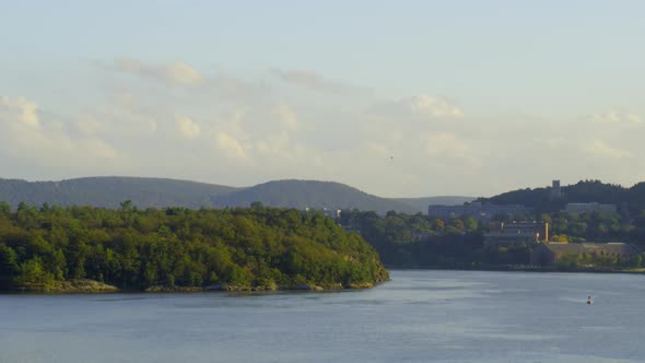 Aerial of Breakneck Ridge and settlement on coast of Hudson river