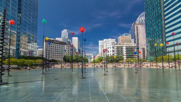 Skyscrapers of La Defense Timelapse Hyperlapse Modern Business and Residential Area the Fountain of