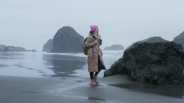 Aerial Drone Shot Beautiful Relaxed Woman Walking By Wet Ocean Beach Oregon