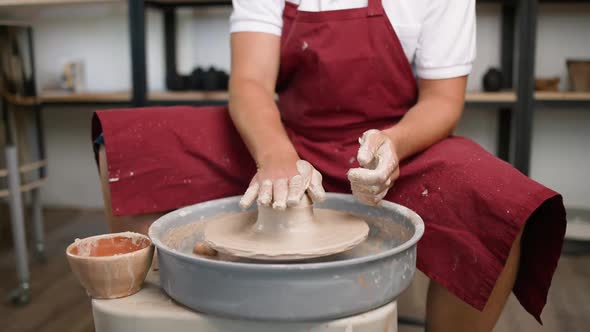 Handicraft the Man Potter Makes a Pitcher Out of Clay Handicraft Production of Handmade Tableware