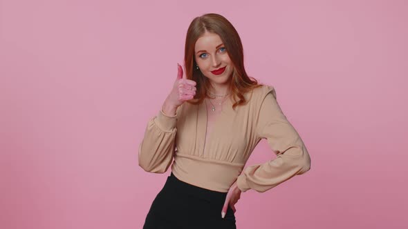 Businesswoman Girl Raises Thumbs Up Agrees Gives Positive Reply Recommends Advertisement Likes Good