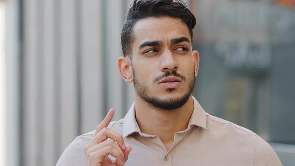 Closeup Male Pensive Face Portrait Hispanic Puzzled Business Man Professional Standing Outdoors Deep