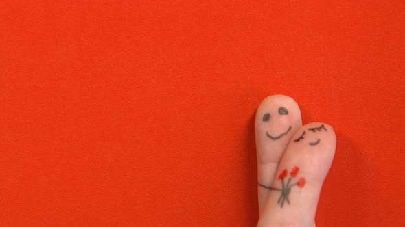 Male Finger Face Presenting Woman Flowers on Romantic Date, Valentines Day