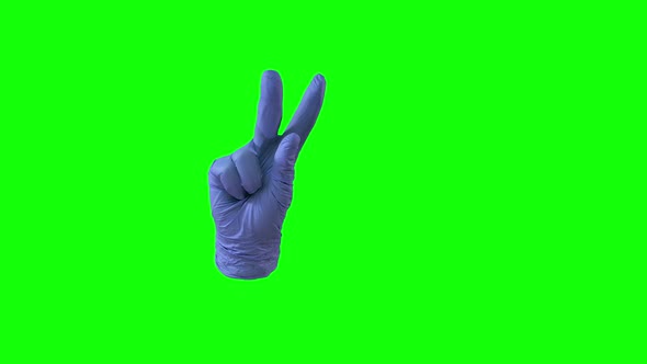 Doctors Hand in Blue Glove Is Counting To Five. Green Screen. Close Up