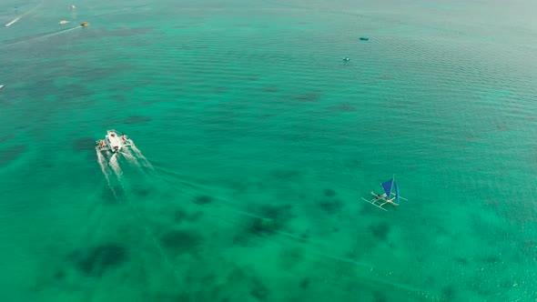 Sailing Boat in Blue Sea. Boracay Island Philippines.