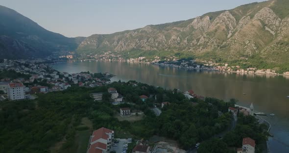 aerial view on kotor bay in the morning during sunrise