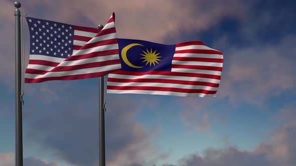 Malaysia Flag Waving Along With The National Flag Of The USA - 4K