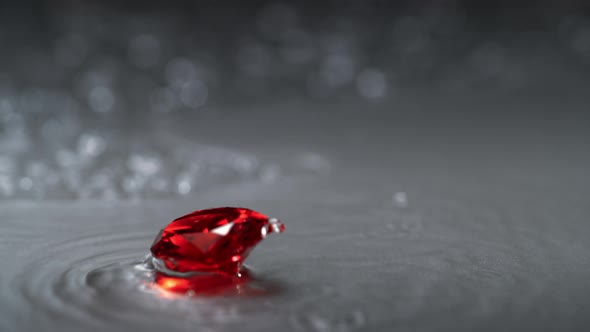 Ruby spinning on water surface. Slow Motion.