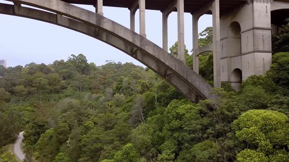 Aerial approach of Long Gully Suspension Bridge structure in Northbridge's Strathallen Ave, Sydney A