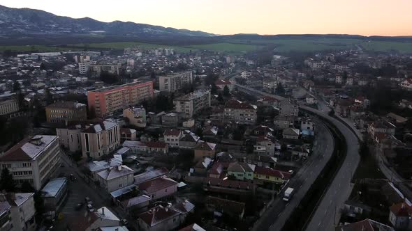 Aerial shot of Veliki Preslav, Bulgaria at sunset. Real time.