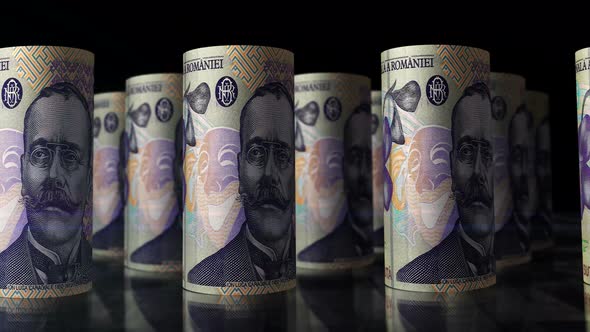 Romanian Lei money banknotes rolls seamless loop