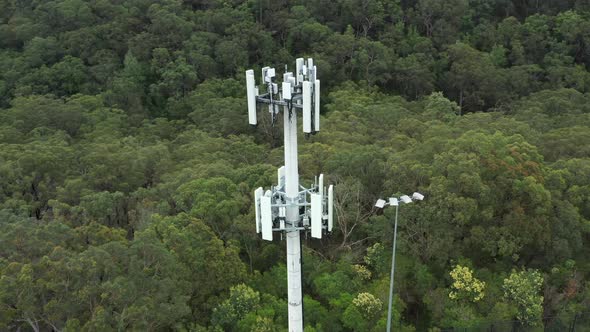 Aerial panorama footage of a telecommunications tower
