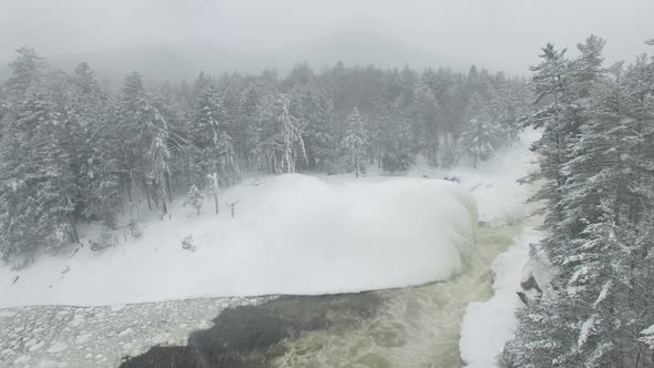 Drone flying upwards slowly exposing beautiful white snowy forest and fall