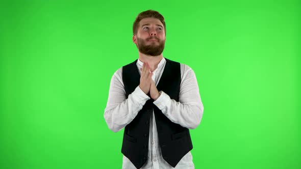 Man Stands Waiting with Anticipation and Joy. Green Screen