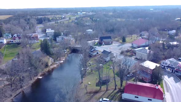 Aerial looking towards waterfalls early winter season