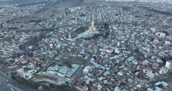 Drone flying over Tbilisi presidential palace, Georgia 2022 winter