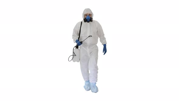 Disinfectant Walking with Antiviral Liquid Tank Looking To Camera on White Background