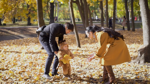 Parents Play With The Child In The Woods.