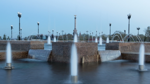 Fountain Performance In Strelka Park Of Yaroslavl Day To Night  Hyperlapse