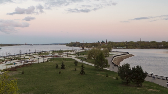 View Of The City Park Strelka In Yaroslavl Located Along The Volga River Embankment Day To Night