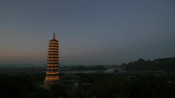 Shot Of Evening Coming To Bai Dinh Temple, Vietnam
