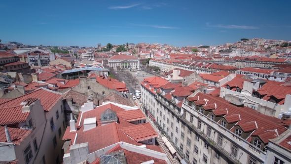 Rossio Square In The Central Lisbon With a Monument Of The King Pedro IV From Santa Justa Elevator
