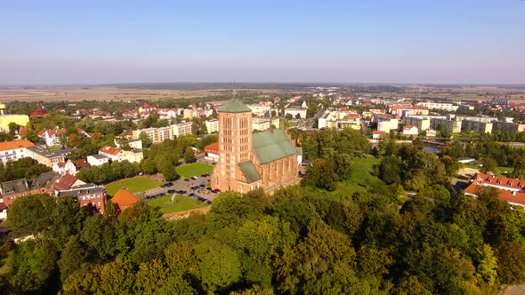 Aerial view of the Church of Saint Catherine of Alexandria in Braniewo, Poland