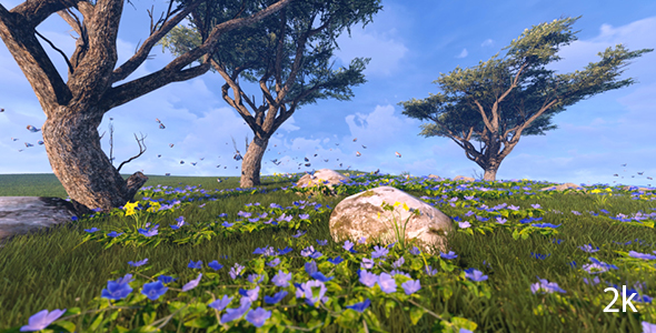 Panorama of Green Meadows With Butterflies