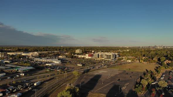 An evening pan over a transportation hub in Lakewood Colorado.