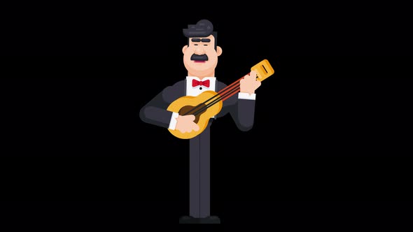 Standing man playing guitar in black suit.