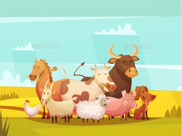 Farm Animals in Countryside Cartoon Poster