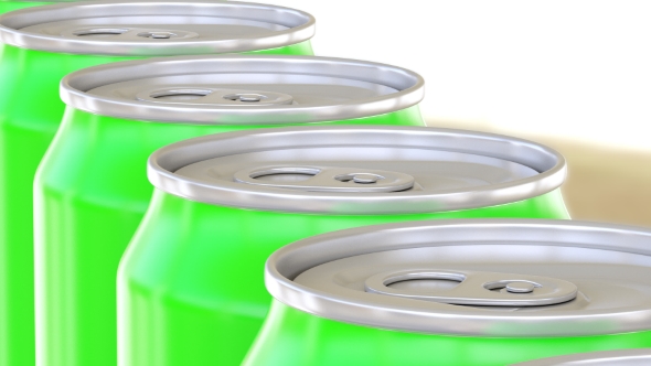 Green Aluminum Cans Moving On Conveyor alt