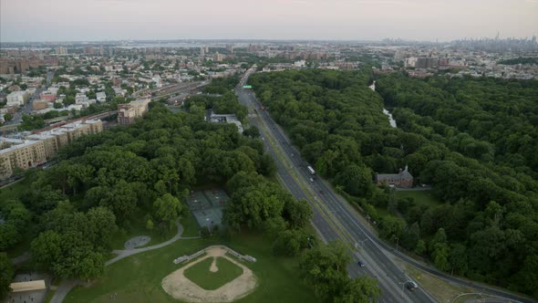 Aerial View of a Park with a Baseball Field and Bronx Neighborhoods