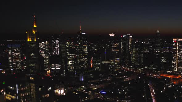 AERIAL: View of Frankfurt Am Main, Germany Skyline at Nights with City Lights