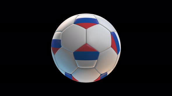 Soccer ball with flag Russia, on black background loop alpha alt