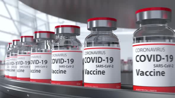 Bottles with COVID19 Vaccine on Conveyor Line at Pharmaceutical Industry Loop