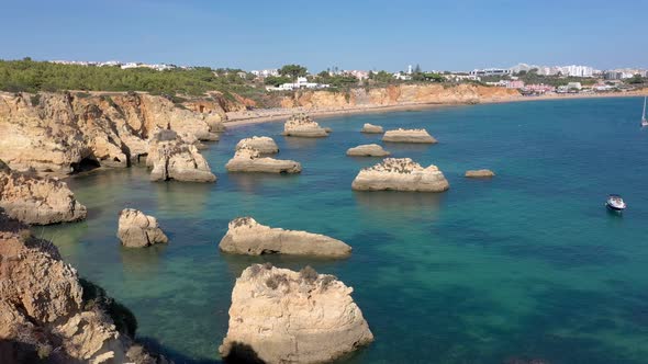 Delightful Aerial View of Portuguese Rocky Beaches Near the City of Portimao