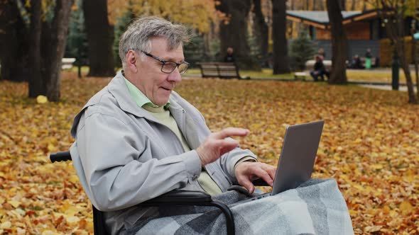 Happy Elderly Man in Wheelchair in Autumn Park Typing on Laptop Communicates Remotely Playing