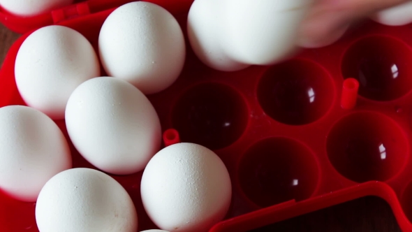 Raw Eggs In a Red Plastic Tray Or Box