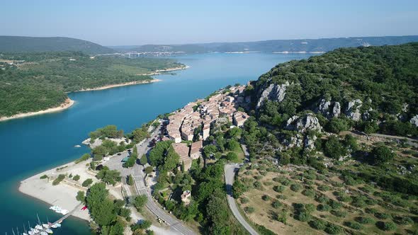 Village of Bauduen in the Verdon Regional Natural Park in France from the sky