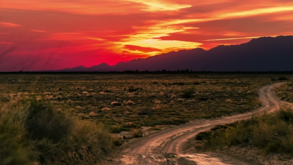 Desert With Dry Plants At Sunset In Altyn Emel National Park, Kazakhstan, Central Asia.   -