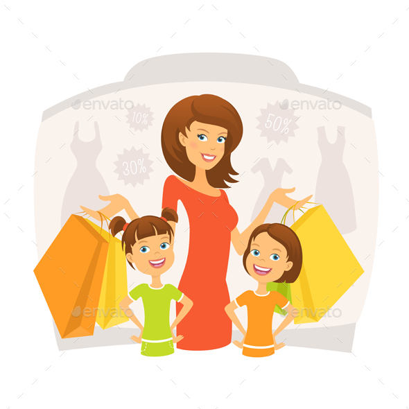 Happy Woman with Kids on Shopping