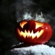 Halloween Pumpkins In The Winter Snowy Night With Overflying Ghost. Looped. - VideoHive Item for Sale